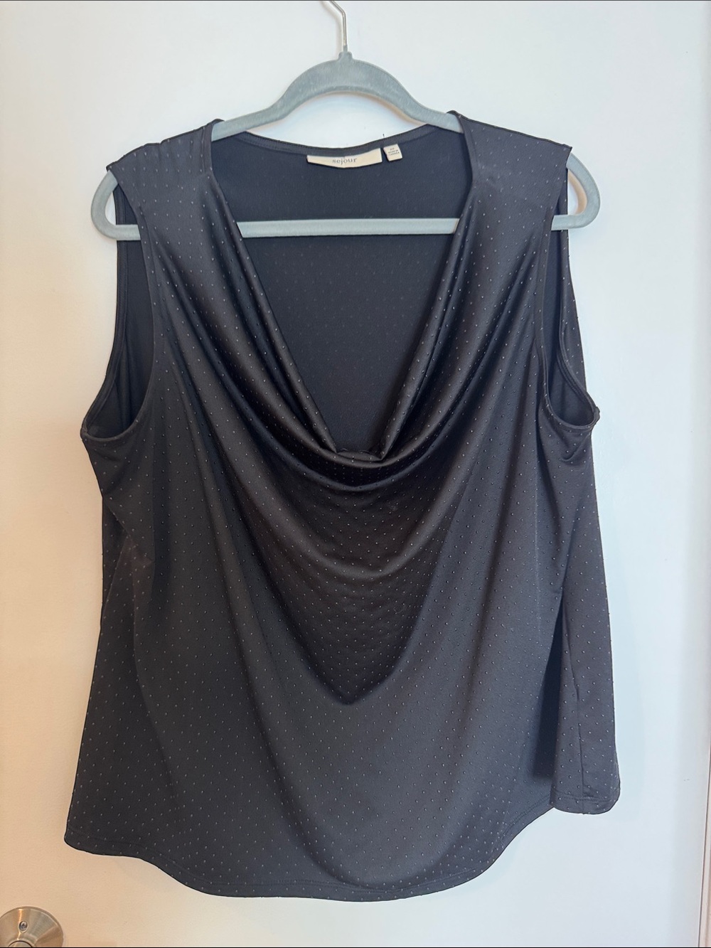 Sejour Black Sleeveless Cowl Neck Blouse with Subtle Dot Detail